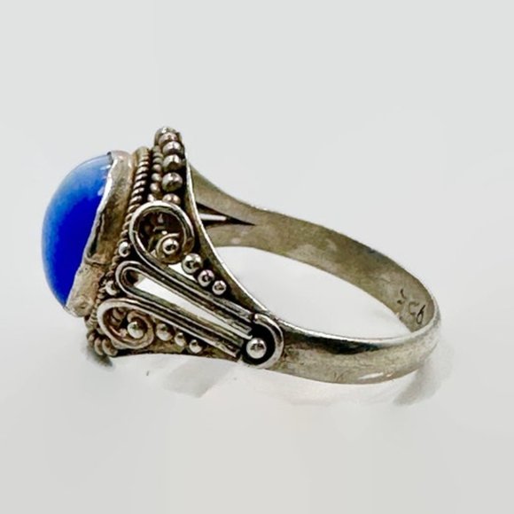 Blue Ring, Cat's Eye, Fiber Optic, Sterling Silver, Vintage, Bali Style. Size 4 - Picture 4 of 5